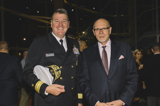 Rear Admiral Charles W. Rock and Arena Stage Executive Director Edgar Dobie enjoy the Thanksgiving celebration.