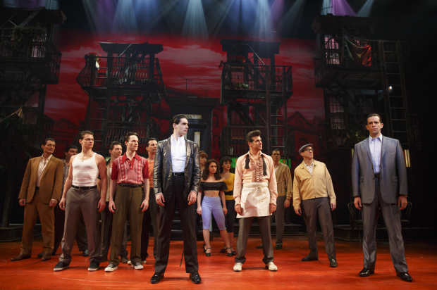 Bobby Conte Thornton (Calogero), Nick Cordero (Sonny), and the cast of A Bronx Tale, directed by Jerry Zaks and Robert De Niro, at the Longacre Theatre.