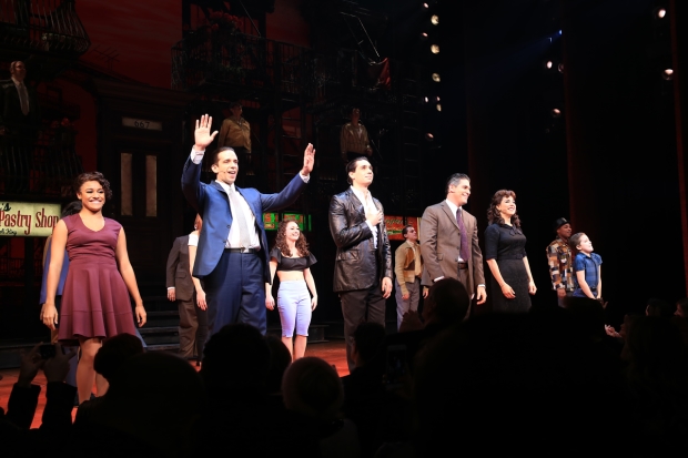 The stars of Broadway&#39;s A Bronx Tale take their opening-night bows at the Longacre Theatre.