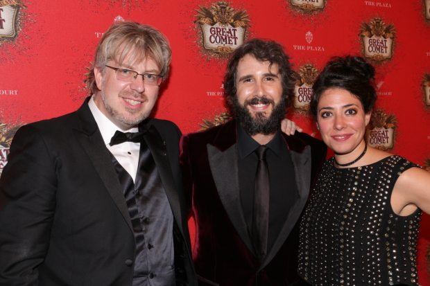 Dave Malloy, Josh Groban, and Rachel Chavkin pose for a photo on the opening night of Natasha, Pierre &amp; The Great Comet of 1812.