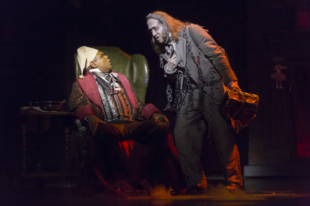 Craig Wallace as Ebenezer Scrooge and James Konicek as Jacob Marley in A Christmas Carol, directed by Michael Baron, at Ford&#39;s Theatre.