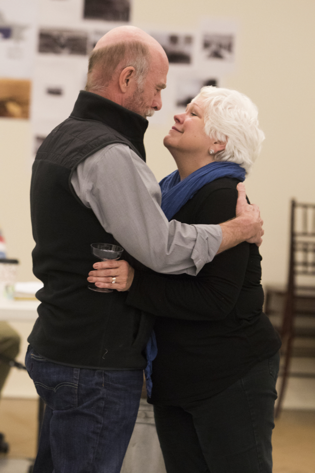 Florence Lacey (Ida Straus) and John Leslie Wolfe (Isidor Straus) in rehearsals for Titanic at Signature TheatreFlorence Lacey (Ida Straus) and John Leslie Wolfe (Isidor Straus) share a hug in rehearsals for Titanic at Signature Theatre.