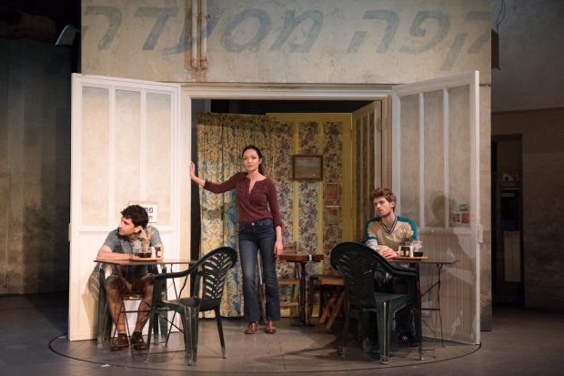 John Cariani, Katrina Lenk, and Daniel David Stewart play denizens of Bet Hatikva in The Band&#39;s Visit.