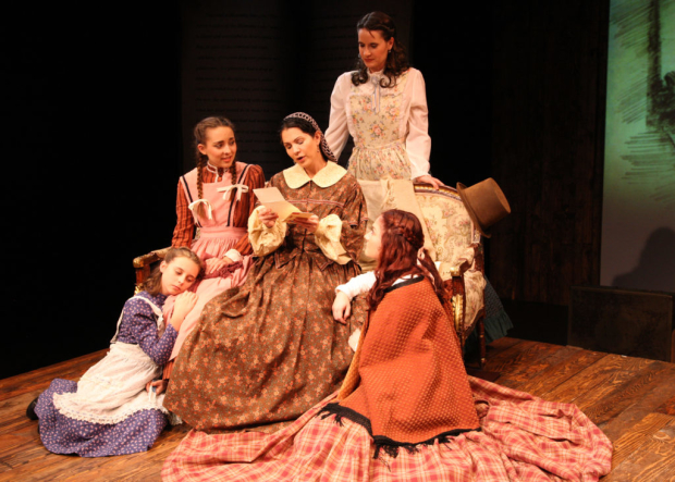 Alea Jordan, Emma Nossal, Rachel Oliveros Catalano, Laura M. Hathaway, and Ashley Arlene Nelson in Little Women, directed by Casey Long, at Chance Theater.