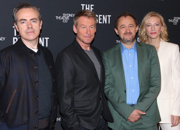 Director John Crowley, star Richard Roxburgh, playwright Andrew Upton, and star Cate Blanchett smile for the cameras.