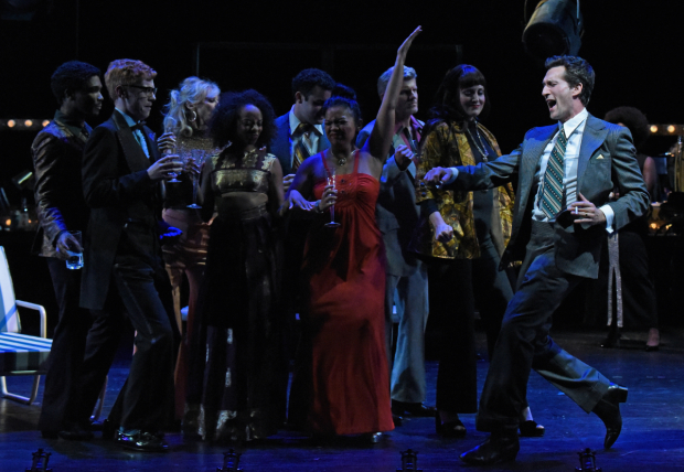 Aaron Lazar (right) as Franklin Shepard in Merrily We Roll Along at the Wallis Annenberg Center for the Performing Arts.