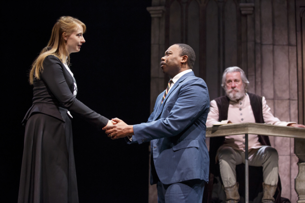 Katie Von Bora (Kersti Bryan) greets Martin Luther King Jr. (Jamil A.C. Mangan) as St. Peter (John Michalski) looks on in Martin Luther on Trial.