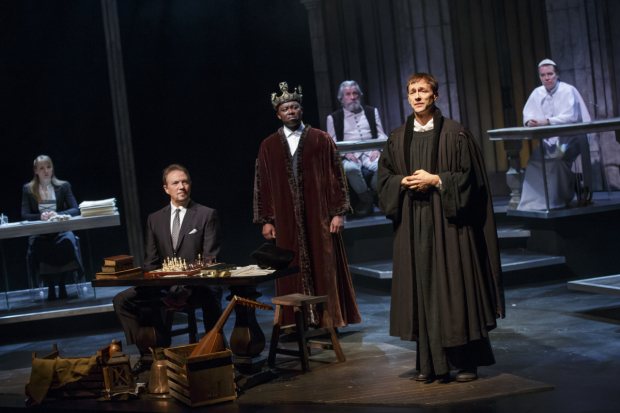 Kersti Bryan, Paul Schoeffler, Jamil A.C. Mangan, John Michalski, Fletcher McTaggart, and Mark Boyett star in Chris Cragin-Day and Max McLean&#39;s Martin Luther on Trial, directed by Michael Parva, for Fellowship for Performing arts at the Pearl Theatre.