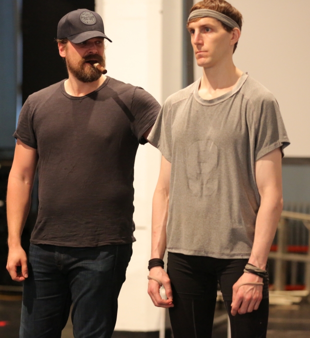 David Harbour in rehearsal for Troilus and Cressida, with Alex Breaux.