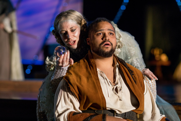 Samantha Richert (Ariel) and Kai Tshikosi (Ferdinand) in The Tempest, directed by Allyn Burrows, at Actors&#39; Shakespeare Project.