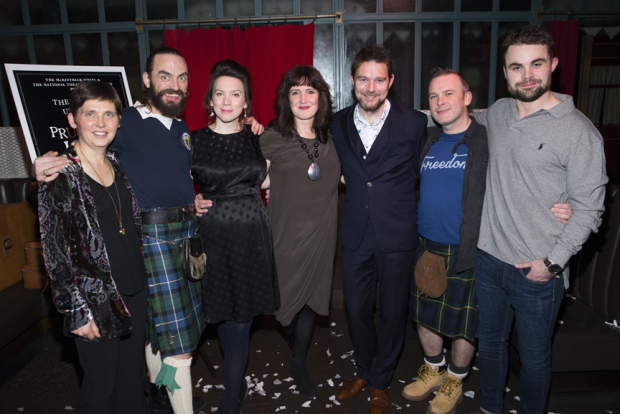 Wils Wilson, Alasdair Macrae, Melody Grove, Annie Grace, David Greig, Paul McCole, and Peter Hannah celebrate the opening of The Strange Undoing of Prudencia Hart.