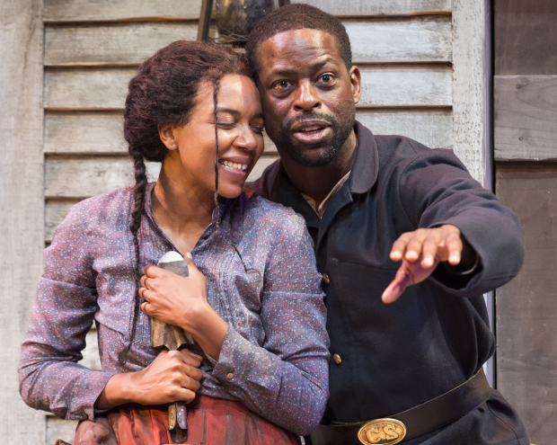 Sameerah Luqmaan-Harris and Sterling K. Brown in Father Comes Home From the Wars (Parts 1, 2 &amp; 3), directed by Jo Bonney, at Center Theatre Group/Mark Taper Forum.