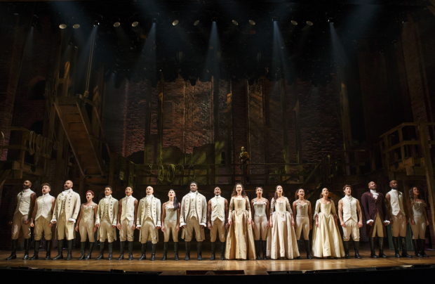 The full Hamilton cast onstage at the Richard Rodgers.