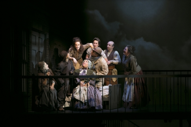 Tracee Chimo (center) and the company of Fingersmith on stage at American Repertory Theatre.