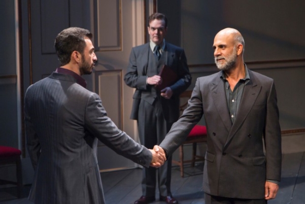Michael Aronov, Jefferson Mays, and Anthony Azizi starred in J.T. Rogers&#39; Oslo, a play about negotiations between Israel and Palestine, at the Mitzi E. Newhouse Theater.