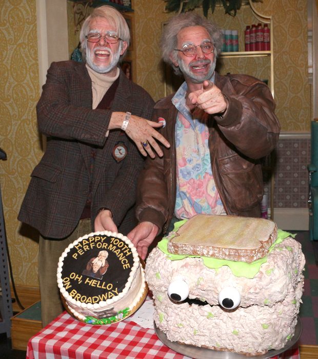 Gil, George, and Tony Tuna pose with the Oh, Hello on Broadway cake.