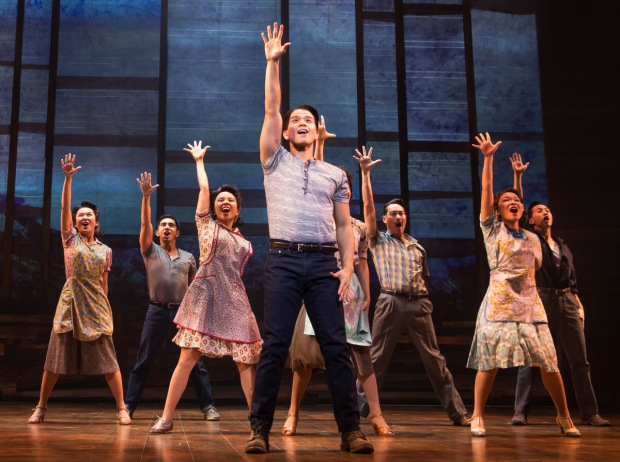 The cast of Allegiance at Broadway&#39;s Longacre Theatre.