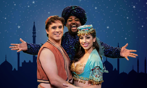 Michael Torrenueva (Aladdin), Lewis Powell III (Genie), and Sarah Kennedy (Princess Jazmin) in the dual language edition of Disney&#39;s Aladdin at CASA 0101 Theater.