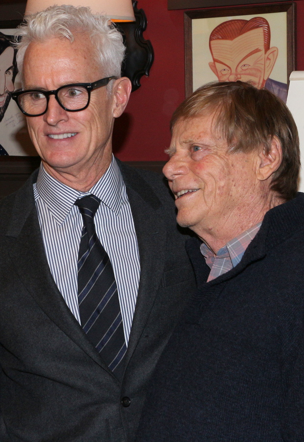 John Slattery celebrates with his Mad Men and The Front Page costar Robert Morse.