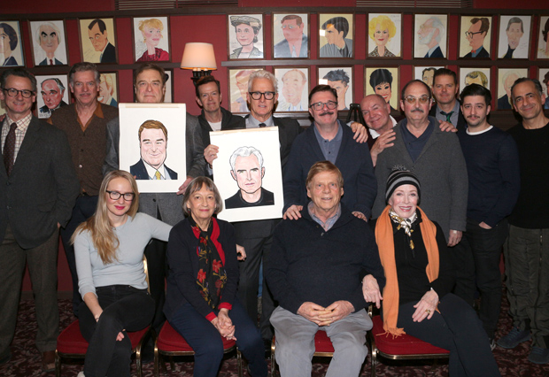 The cast of The Front Page helps John Goodman and John Slattery toast their Sardi&#39;s caricatures.