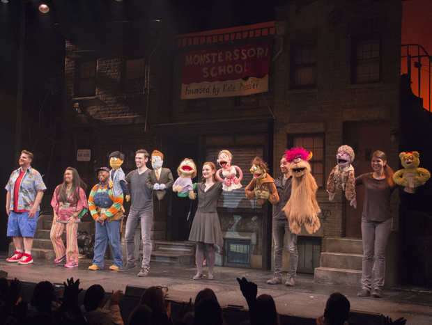 The stars of Avenue Q celebrate their 3,000th performance at New World Stages.