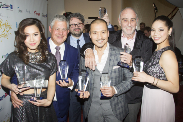 Rachelle Ann Go, Cameron Mackintosh, Laurence Connor, Jon Jon Briones, Claude-Michel Schönberg, and Eva Noblezada celebrate Miss Saigon at the 2015 WhatsOnStage Awards.