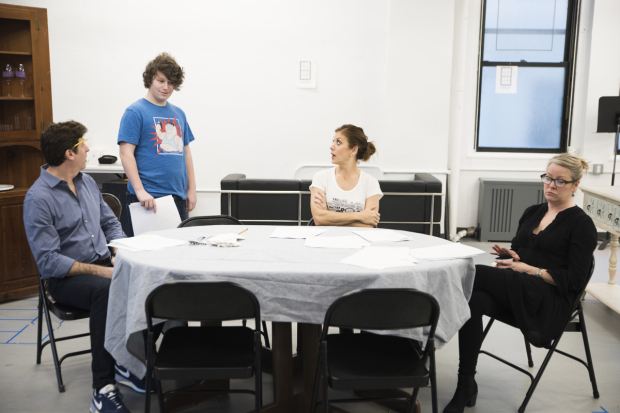 Gary Wilmes, Seth Steinberg, Kate Walsh, and Tasha Lawrence rehearse a scene for If I Forget, directed by Daniel Sullivan.