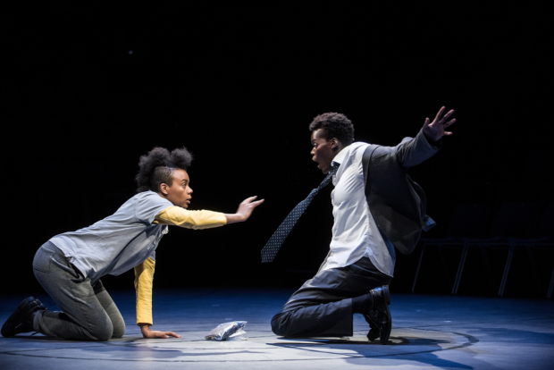 Miranda (Leah Harvey) and Ferdinand (Sheila Atim) meet for the first time in The Tempest.