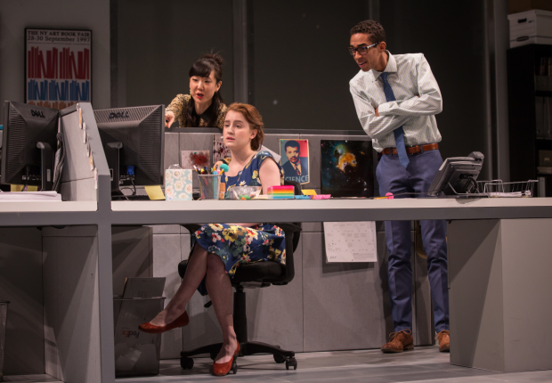 Jennifer Kim (Kendra), Catherine Combs (Ani), and Kyle Beltran (Miles) in Gloria by Branden Jacobs-Jenkins, directed by Evan Cabnet at Goodman Theatre.