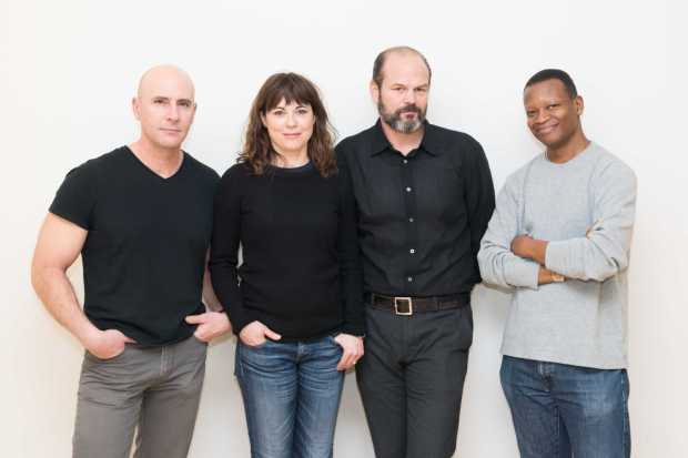 The cast of Atlantic Theater Company&#39;s The Penitent: Jordan Lage, Rebecca Pidgeon, Chris Bauer, and Lawrence Gilliard Jr. at rehearsals under the direction of Neil Pepe.
