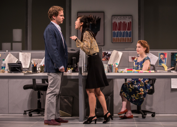 Ryan Spahn (Dean), Jennifer Kim (Kendra), and Catherine Combs (Ani) in Gloria, directed by Evan Cabnet, at the Goodman Theatre. 