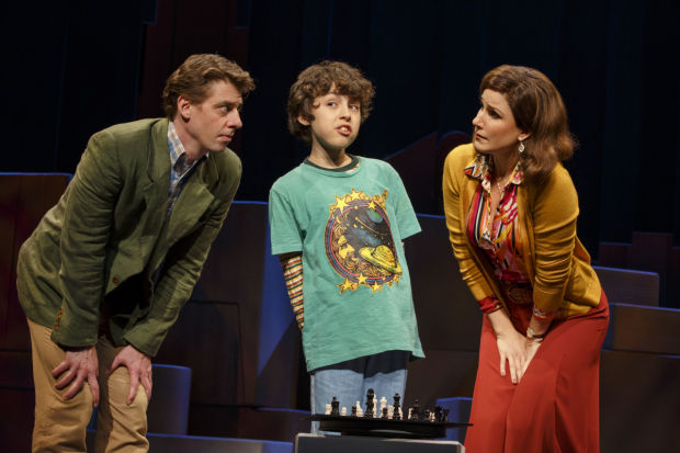 Christian Borle, Anthony Rosenthal , Stephanie J. Block in the Broadway revival of Falsettos.