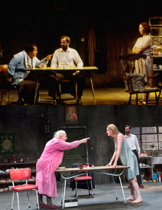 Anna Manahan as Mag Folan, Brían F. O&#39;Byrne as Pato Dooley, and Marie Mullen as Maureen Folan in the original Broadway production of The Beauty Queen of Leenane (top); Marie Mullen as Mag Folan, Aisling O&#39;Sullivan Maureen Folan, and Marty Rea as Pato Dooley in the 20th Anniversary revival at Brooklyn Academy of Music (bottom).