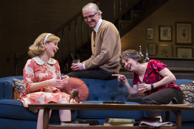 Maggie Wilder as Honey, Gregory Linington as George, and Holly Twyford as Martha in Edward Albee's Who's Afraid of Virginia Woolf, directed by Aaron Posner, at Ford&#39;s Theatre.