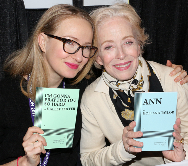 The Front Page stars Halley Feiffer and Holland Taylor autograph published copies of their plays at the Dramatists Play Service booth.