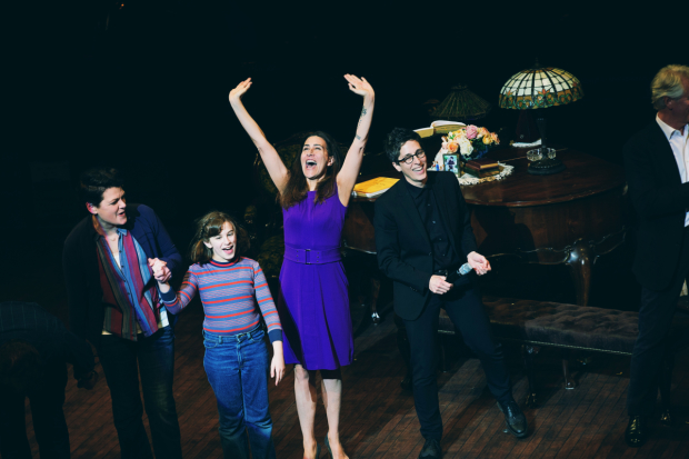 Kate Shindle, Alessandra Baldacchino, Jeanine Tesori, and Alison Bechdel celebrate opening night of Fun Home, directed by Sam Gold, at San Francisco&#39;s Curran Theatre.
