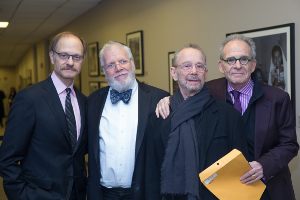 David Hyde Pierce, Zalmen Mlotek, Joel Grey, and Ron Rifkin backstage at the community reading of Elie Wiesel&#39;s Night.