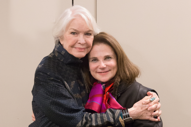 Ellen Burstyn and Tovah Feldshuh share an embrace at the Museum of Jewish Heritage.