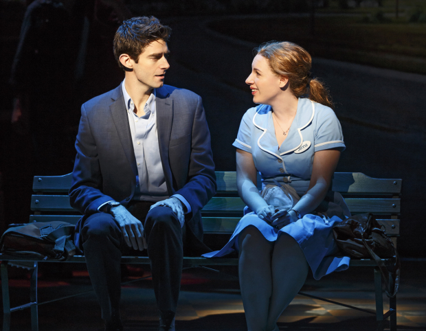 Drew Gehling as Dr. Pomatter with Jessie Mueller as expert pie maker Jenna Hunterson in the Broadway musical Waitress.