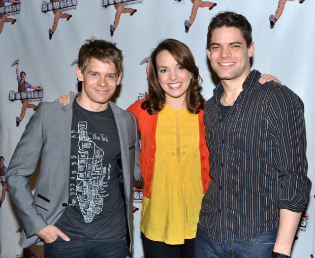 Andrew Keenan-Bolger, Kara Lindsay, and Jeremy Jordan at the press day for Broadway&#39;s Newsies in 2012.