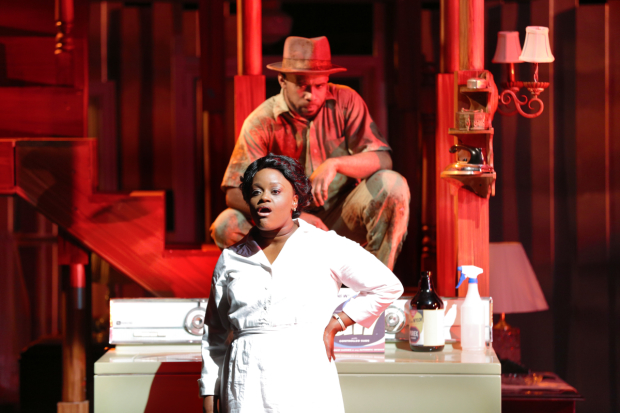 Nova Y. Payton as Caroline Thibodeaux with V. Savoy McIlwain as The Dryer in Caroline, or Change, directed by Matthew Gardiner, at Round House Theatre.