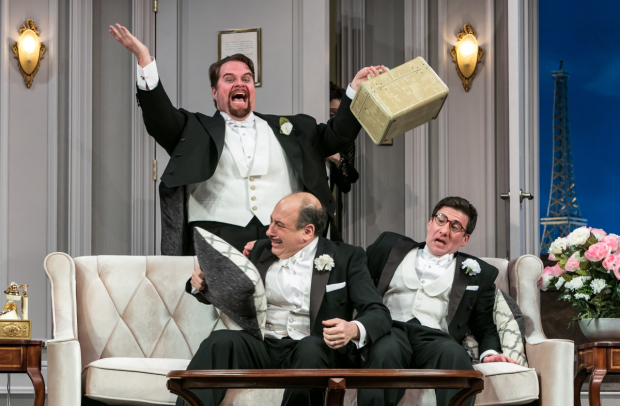 John Treacy Egan, Michael Kostroff, and David Josefsberg in Ken Ludwig&#39;s A Comedy of Tenors, directed by Don Stephenson, at Paper Mill Playhouse.