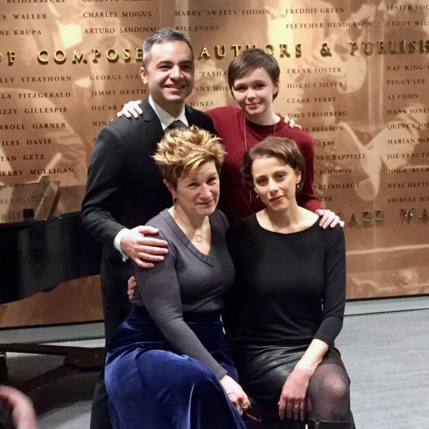 Rick Hip Flores, Lisa Kron, Emily Skeggs, and Judy Kuhn celebrate at the 2017 Kleban Prize ceremony.