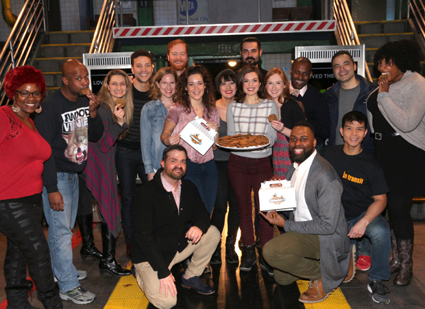 The stars of In Transit celebrate their 100th performance at the Circle in the Square Theatre with cookies from Schmackary&#39;s.