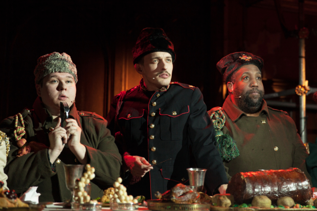 Yusapoof (Brian Bock, center) and his fellow aristocrats (Ben Langhorst and Rolls Andre) look askance on the newcomer to the palace in Beardo. 