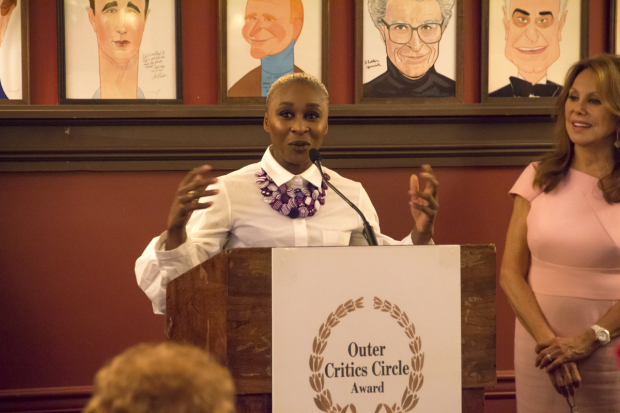 Cynthia Erivo receives her 2016 Outer Critics Circle Award for The Color Purple.
