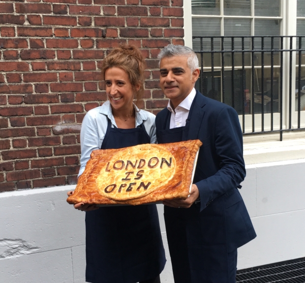 Producer Rachel Edwards and Mayor of London Sadiq Khan celebrate the off-Broadway transfer of Tooting Arts Club&#39;s Sweeney Todd.
