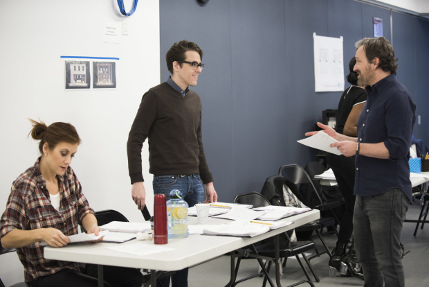 Steven Levenson (center) in rehearsal for If I Forget with cast members Kate Walsh and Jeremy Shamos.