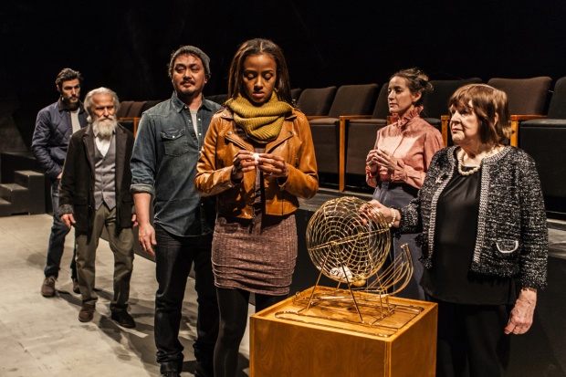 Louis Cancelmi, David Patrick Kelly, Michael Braun, Lakisha Michelle May, Brooke Bloom, and Marylouise Burke star in Branden Jacobs-Jenkins&#39; Everybody, directed by Lila Neugebauer, at Signature Theatre.