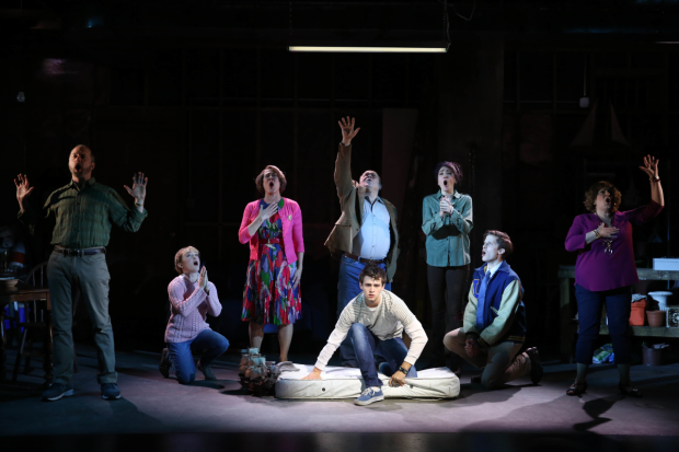 Brandon Flynn (center) leads the cast of John Kander and Greg Pierce&#39;s Kid Victory, directed by Liesl Tommy, at the Vineyard Theatre.